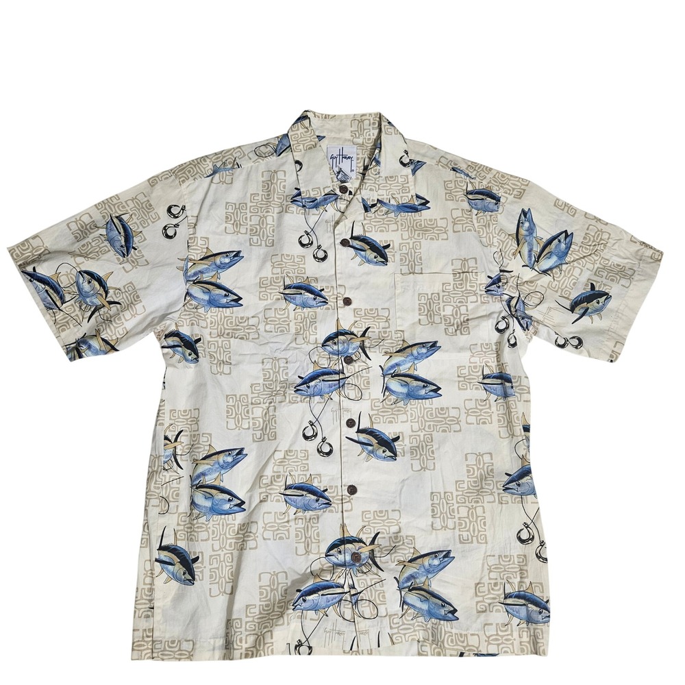 Guy Harvey AFTCO Mens Medium Tuna Fish Fishing Button Down Shirt Tan Cotton